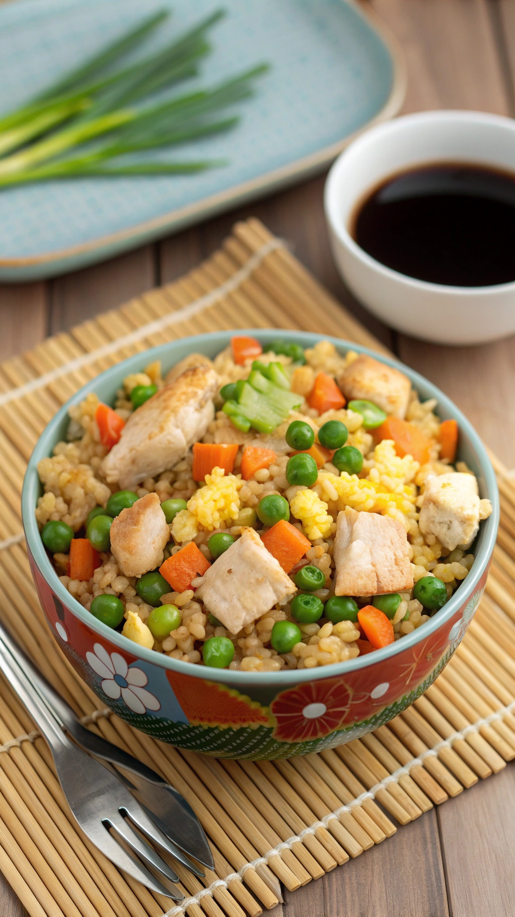 A colorful bowl of cauliflower fried rice with chicken and vegetables, served with chopsticks.