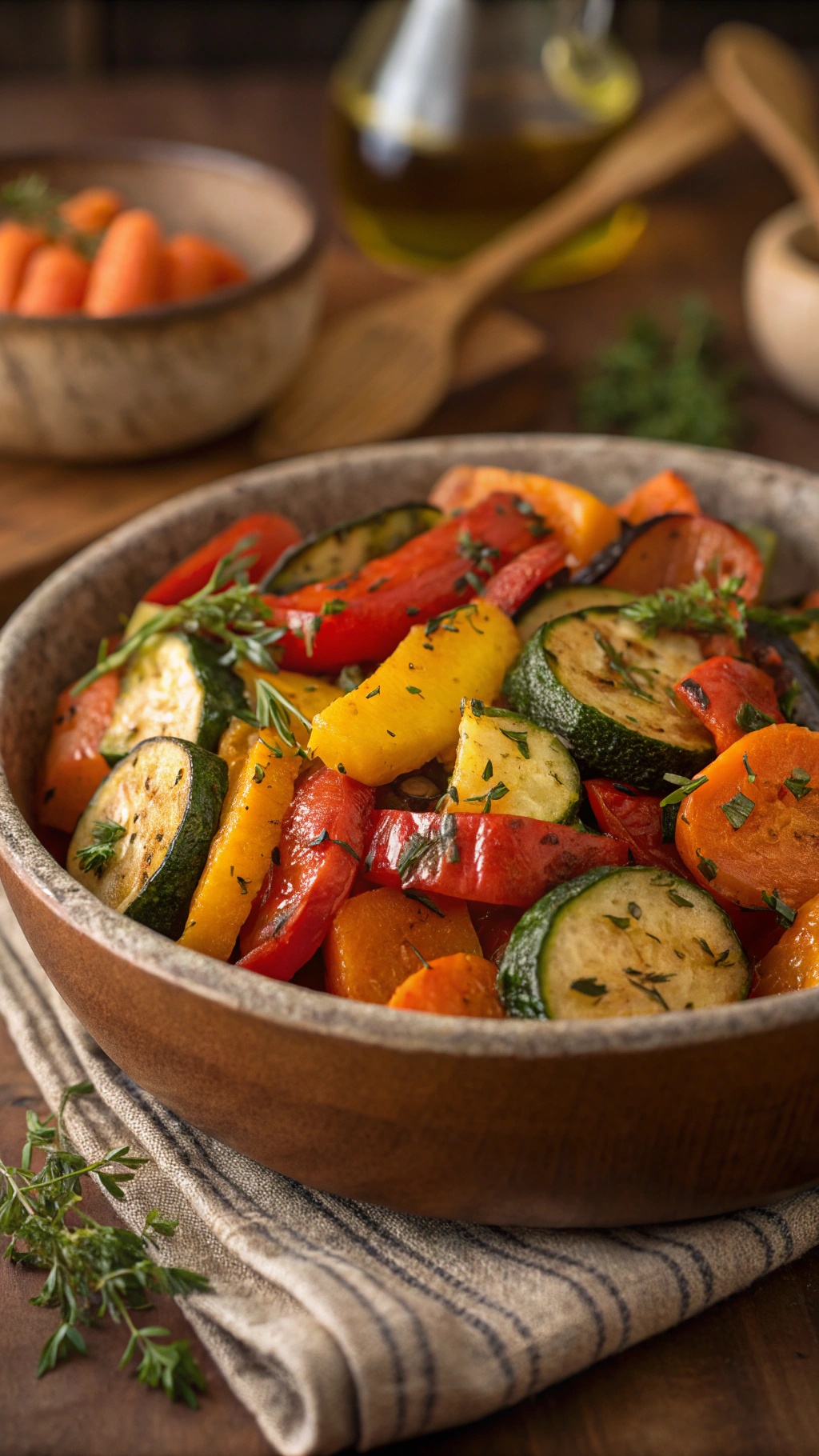 A bowl of colorful roasted vegetables including zucchini, bell peppers, and carrots.
