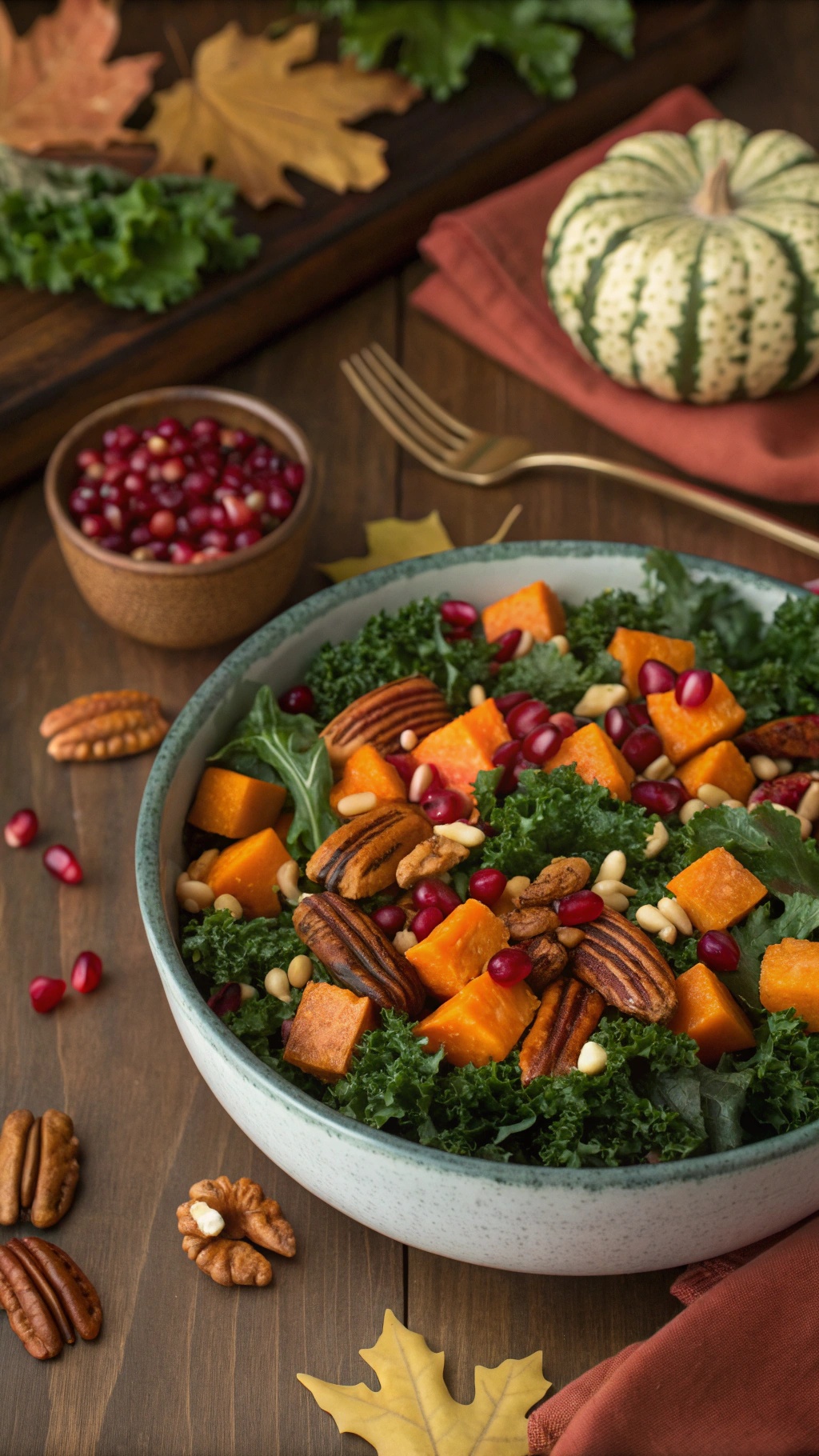 A colorful Vegan Fall Harvest Salad with sweet potatoes, kale, pomegranate seeds, and nuts.