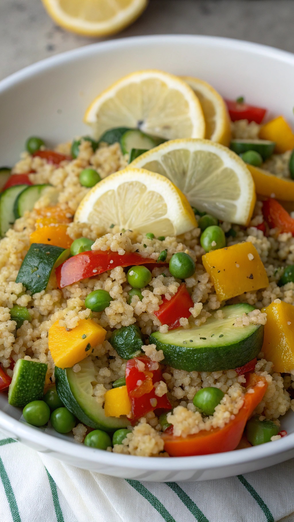 A bowl of lemon herb quinoa with colorful vegetables, garnished with lemon slices.