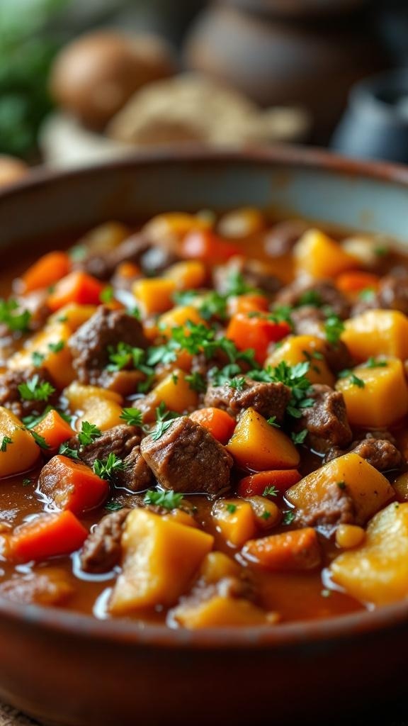 A hearty Mediterranean beef and vegetable stew in a rustic bowl, garnished with fresh parsley.