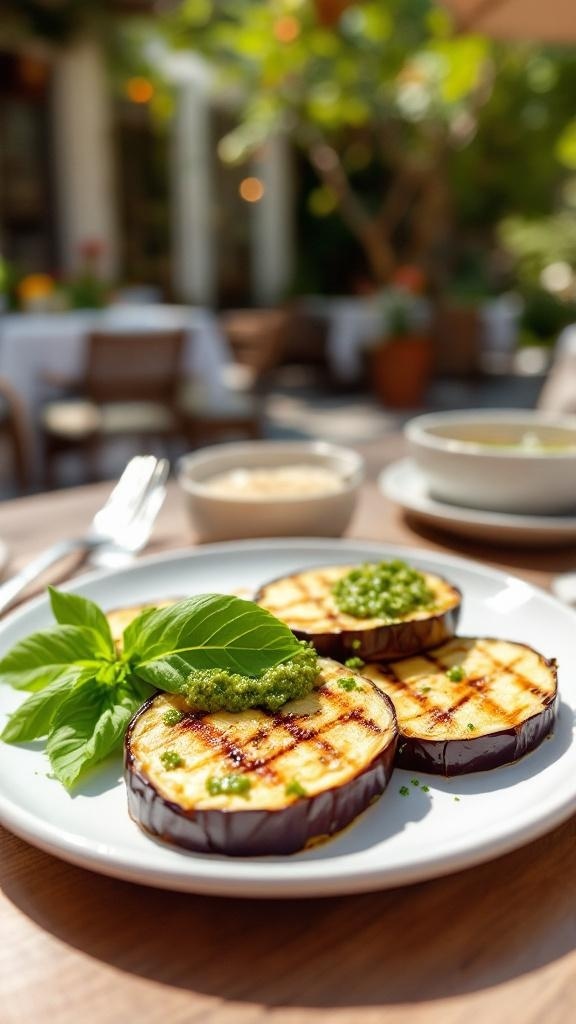 Grilled eggplant slices topped with pesto and basil leaves on a white plate
