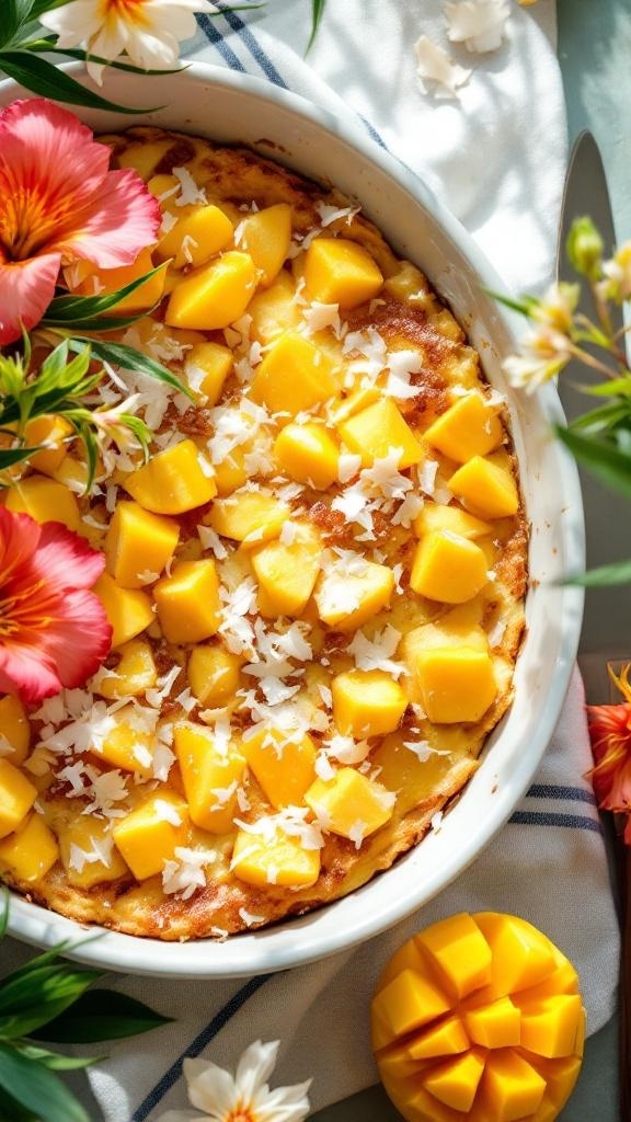 A delicious mango coconut breakfast casserole topped with diced mango and shredded coconut, surrounded by colorful flowers.
