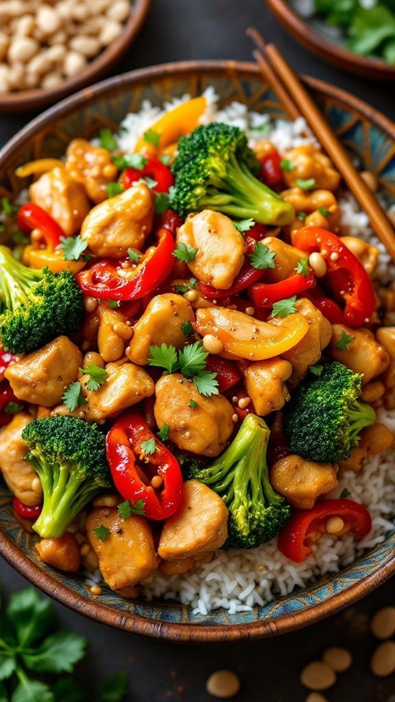 A colorful bowl of Thai Peanut Chicken Stir-Fry with broccoli, bell peppers, and chicken served over rice.