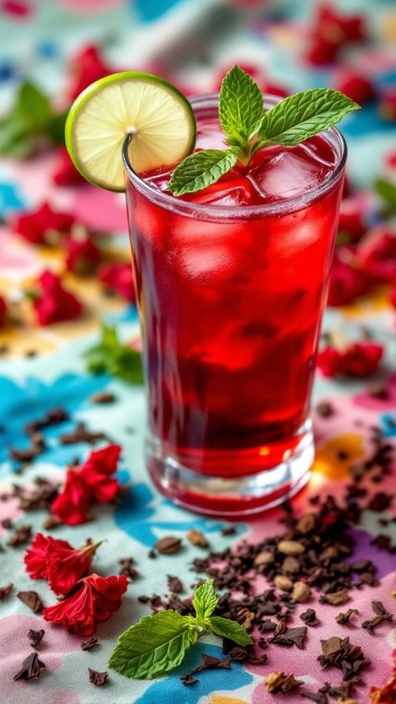A refreshing glass of hibiscus iced tea garnished with lime and mint, surrounded by hibiscus flowers and spices.