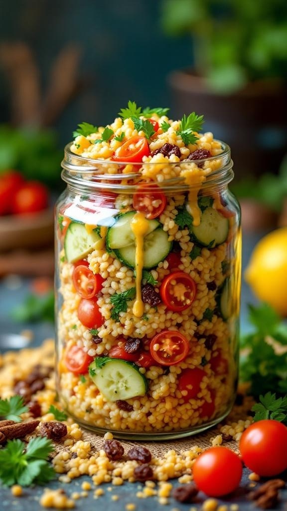 A colorful jar filled with Middle Eastern couscous salad, featuring layers of couscous, cherry tomatoes, cucumbers, and herbs.