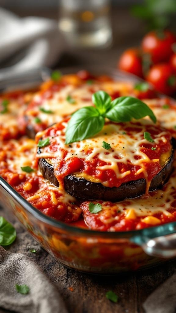 A delicious serving of Eggplant Parmesan with layers of cheese and marinara sauce, garnished with fresh basil.
