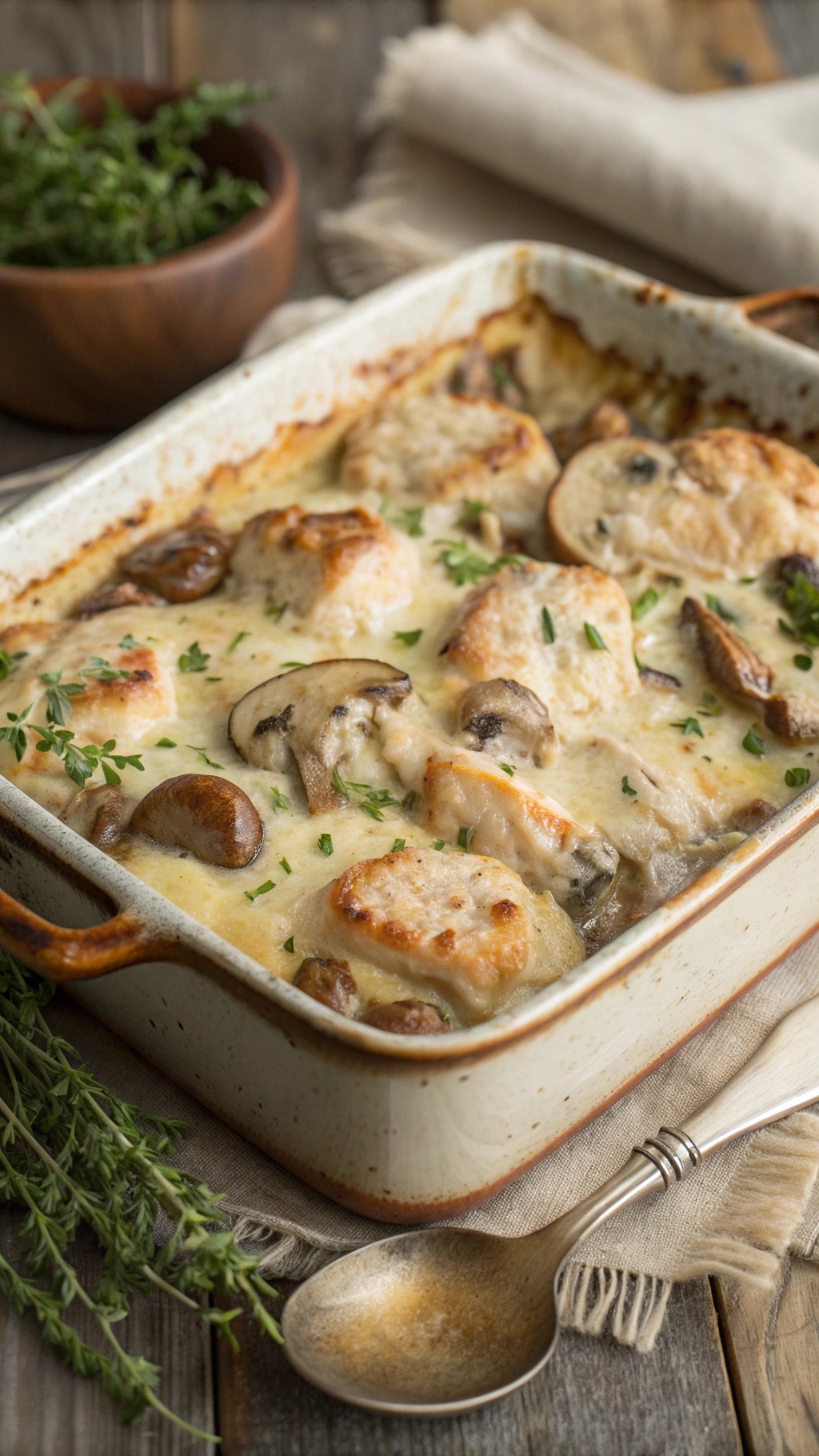 A comforting chicken and mushroom casserole topped with herbs in a baking dish.