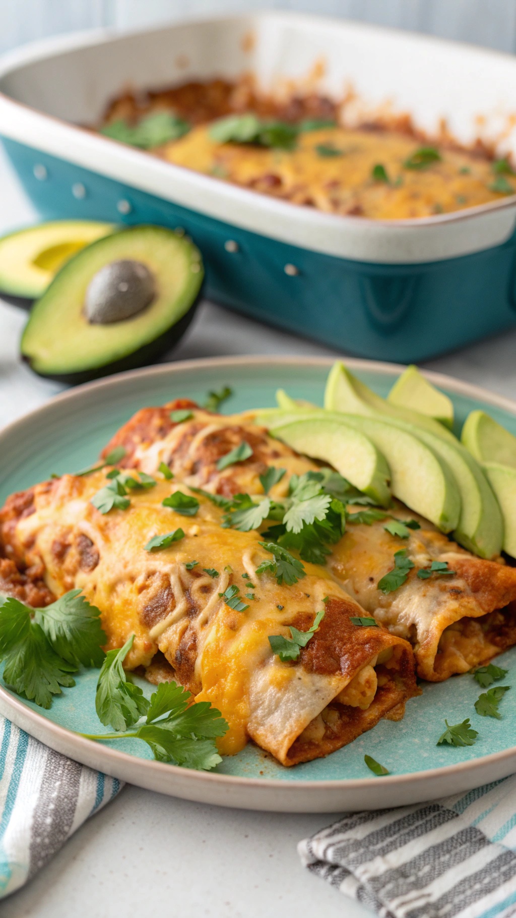 A plate of keto chicken enchiladas topped with cheese and cilantro, served with avocado slices.