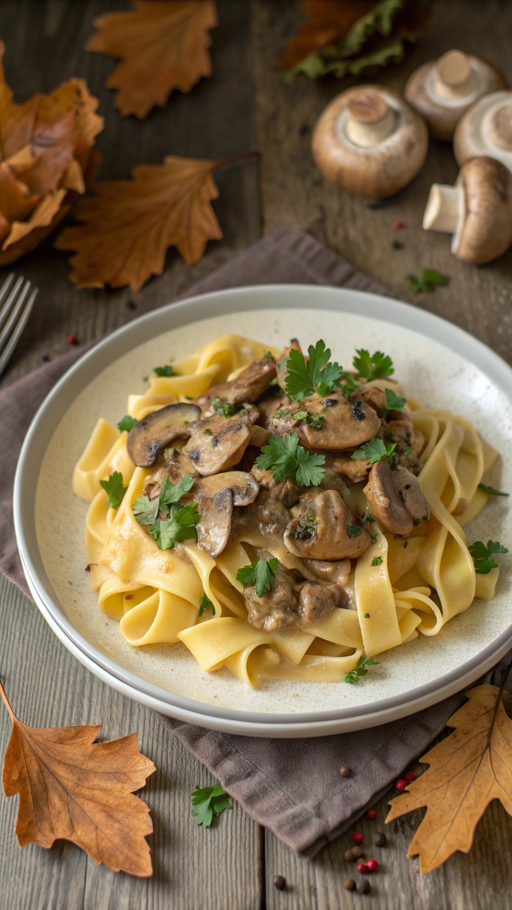 A bowl of vegan mushroom stroganoff served over fettuccine, garnished with parsley and surrounded by autumn leaves.