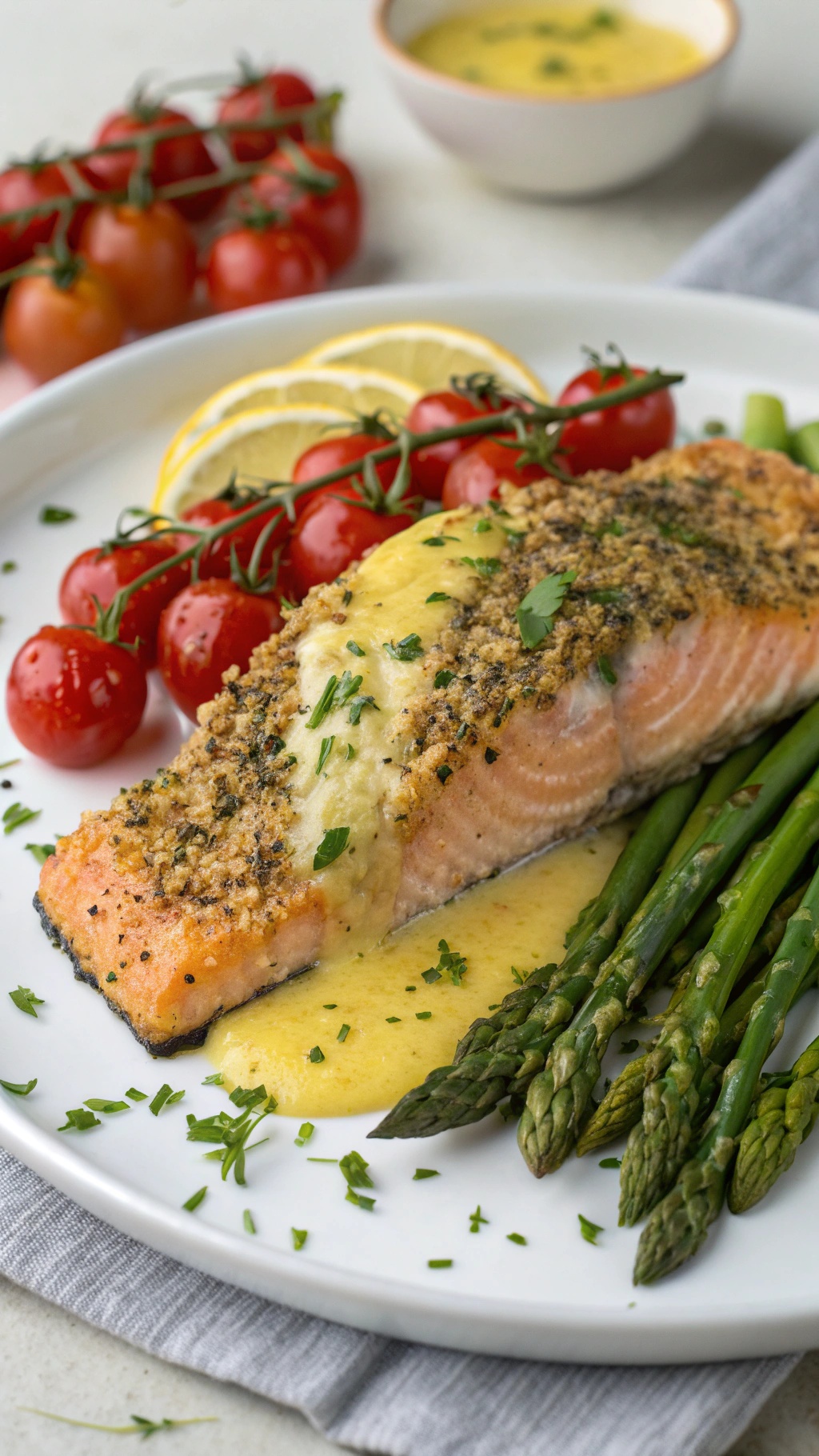 A plate of herb-crusted salmon with cherry tomatoes and asparagus, garnished with lemon slices.