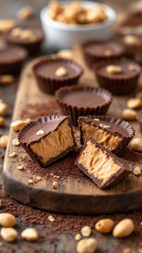 Delicious vegan peanut butter cups on a wooden board, with some cups cut in half to show the creamy filling.