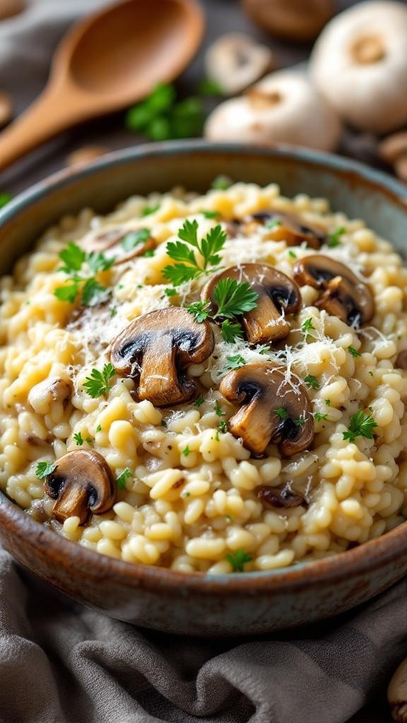 A bowl of creamy mushroom risotto garnished with parsley and mushrooms.