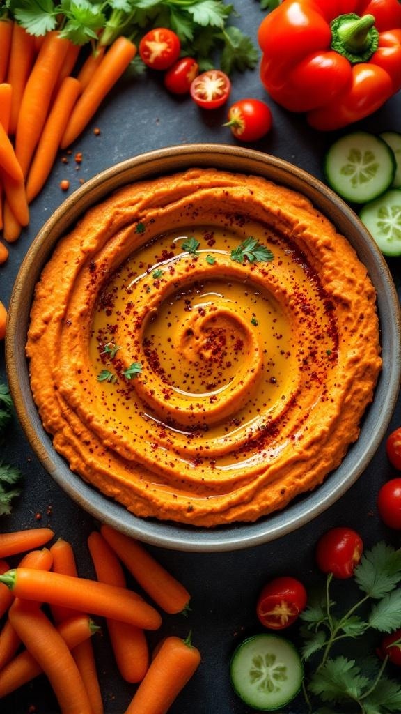 A bowl of roasted red pepper hummus surrounded by fresh vegetables like carrots, tomatoes, and cucumbers.