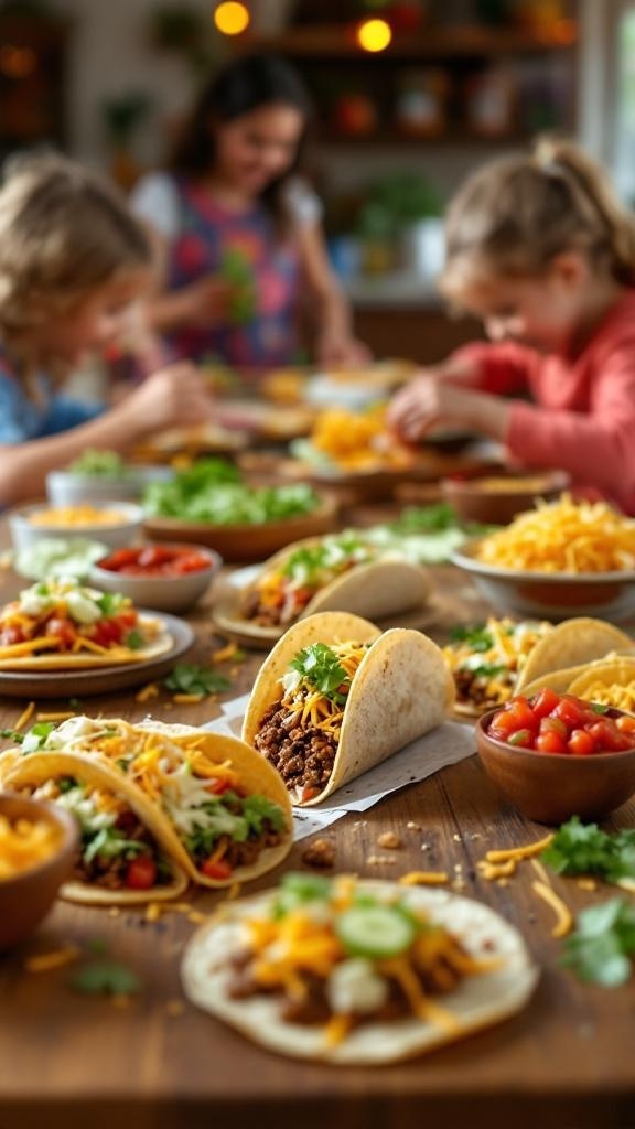 A family enjoying taco night with various toppings and ingredients on a wooden table.