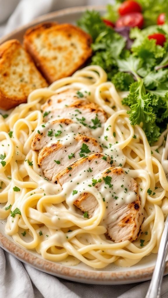 A plate of Chicken Alfredo with grilled chicken, fettuccine pasta, garlic bread, and a side salad.