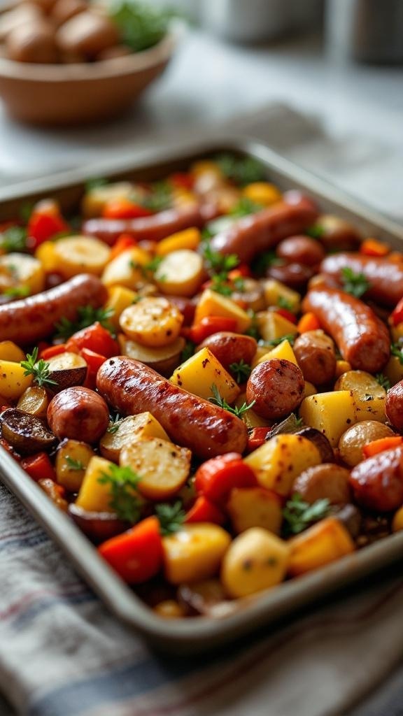 Sheet pan with sausage and colorful roasted vegetables