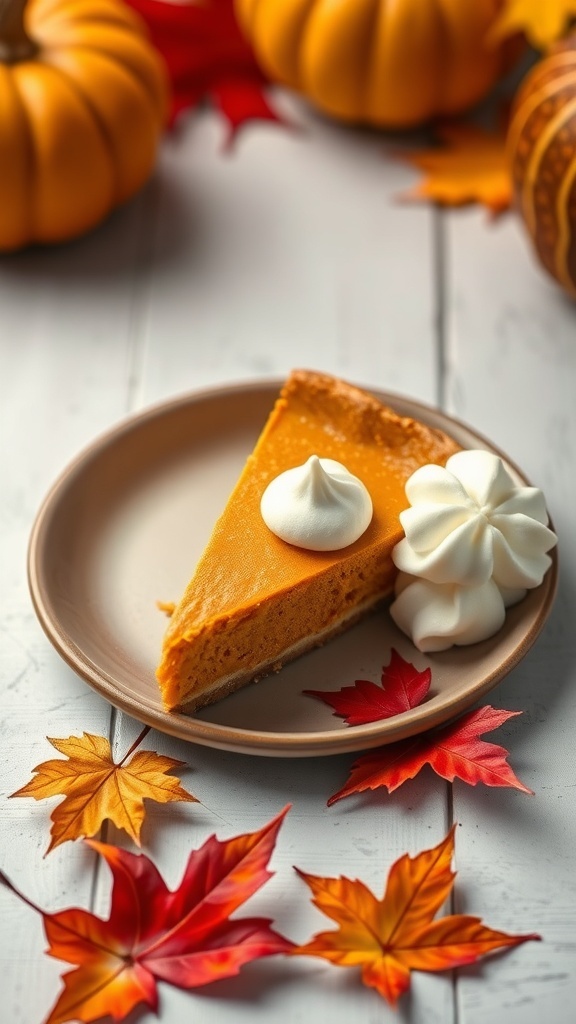 A slice of no-bake pumpkin cheesecake on a plate, decorated with whipped cream and surrounded by autumn leaves and pumpkins.