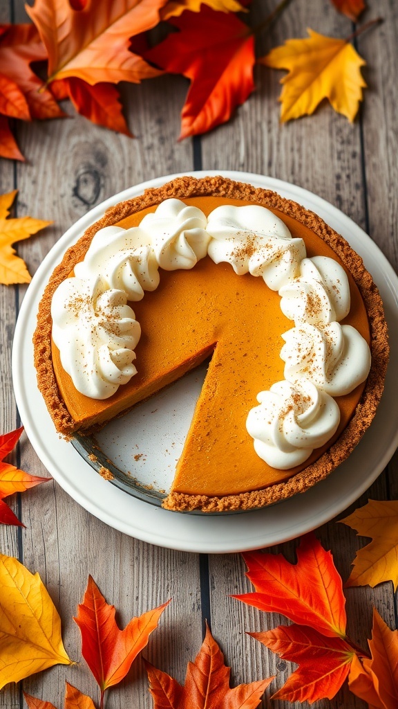 A no-bake pumpkin pie with whipped cream on top, surrounded by autumn leaves.