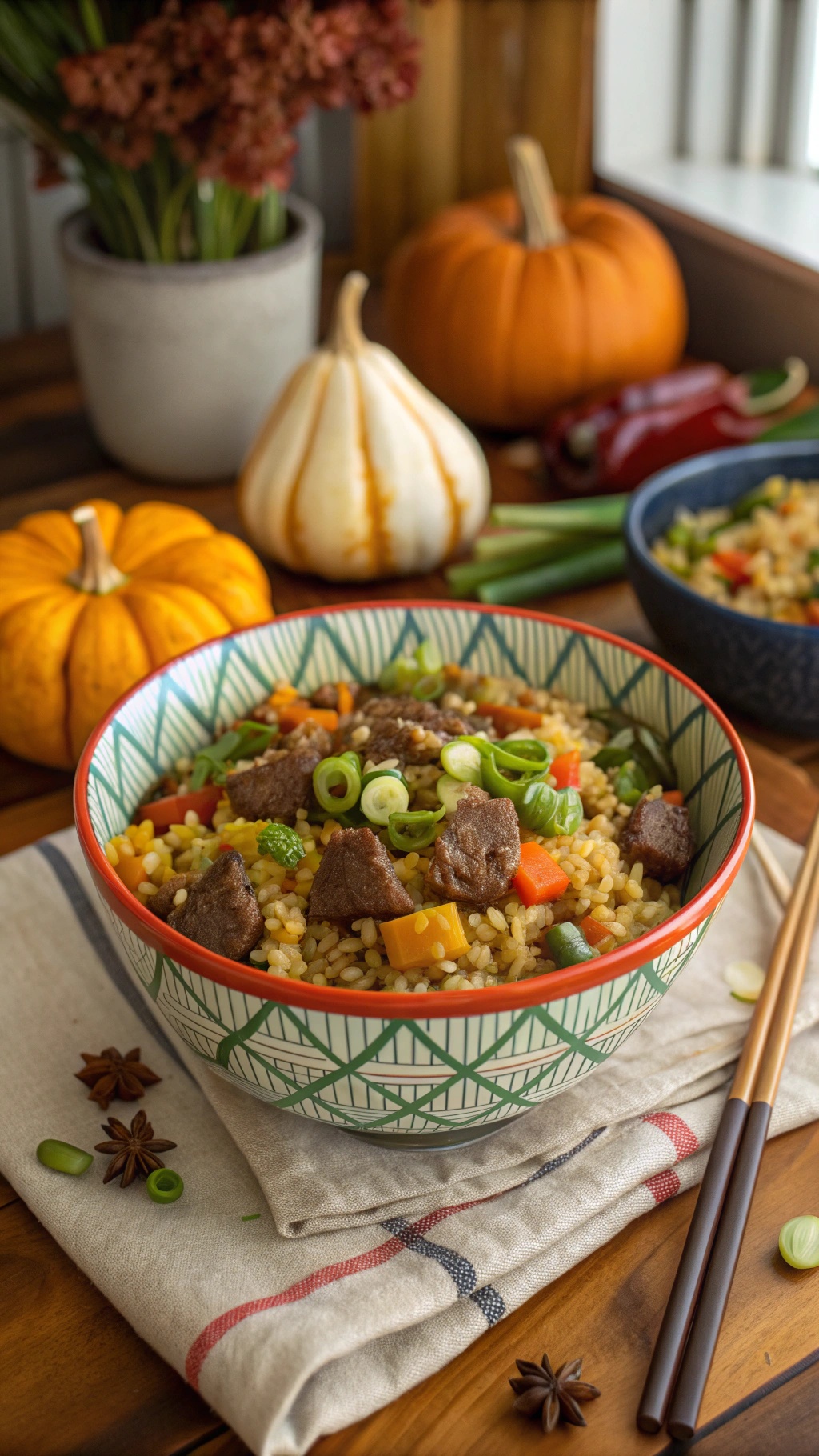 A colorful bowl of beef and cauliflower rice stir-fry with pumpkins in the background.