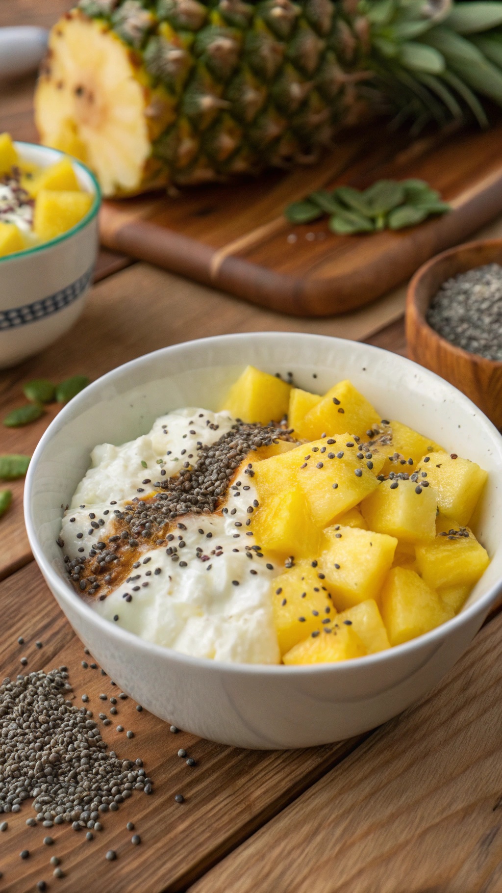 A bowl of cottage cheese topped with diced pineapple and chia seeds, with a fresh pineapple in the background.