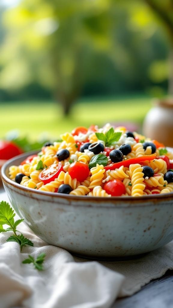 A colorful bowl of pasta salad with rotini, cherry tomatoes, black olives, and fresh herbs, perfect for a picnic.