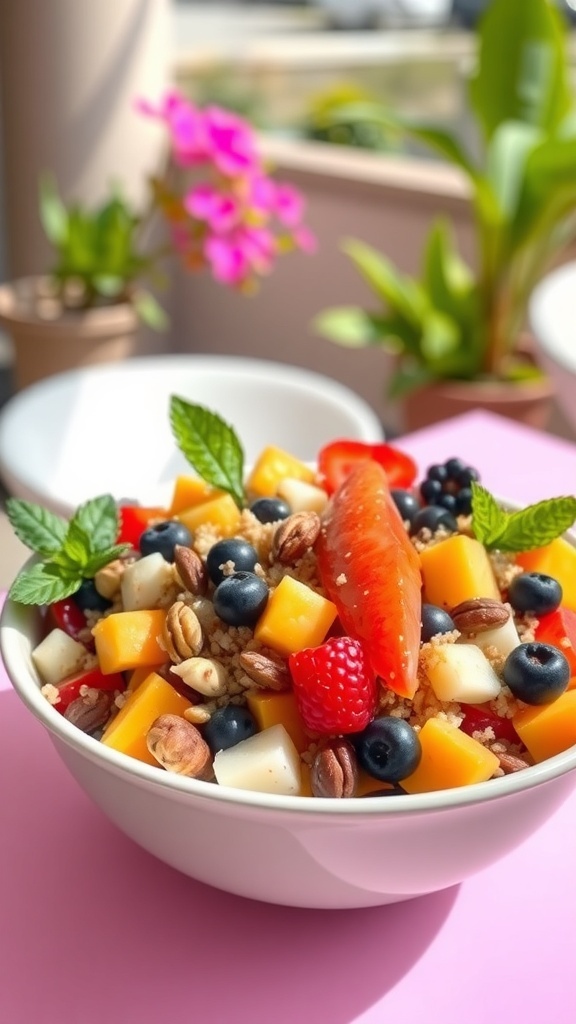 A colorful quinoa fruit salad with strawberries, mango, blueberries, and nuts in a white bowl, garnished with mint leaves.