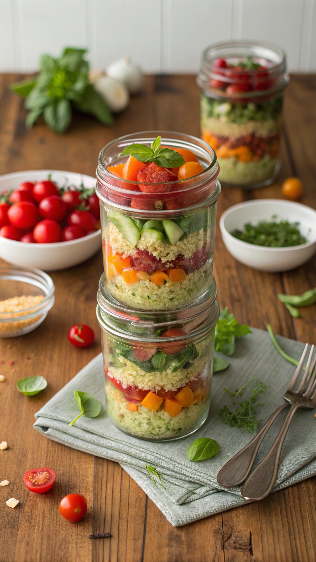 Colorful quinoa salad jars filled with fresh vegetables and herbs on a wooden table.