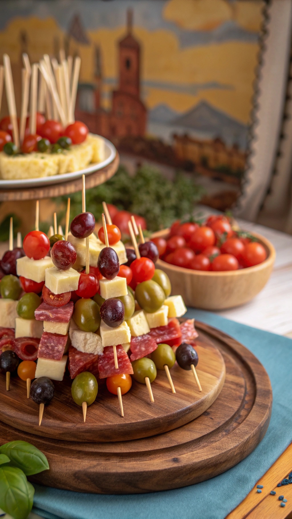 Colorful antipasto skewers with salami, cheese, olives, and cherry tomatoes arranged on a wooden platter.