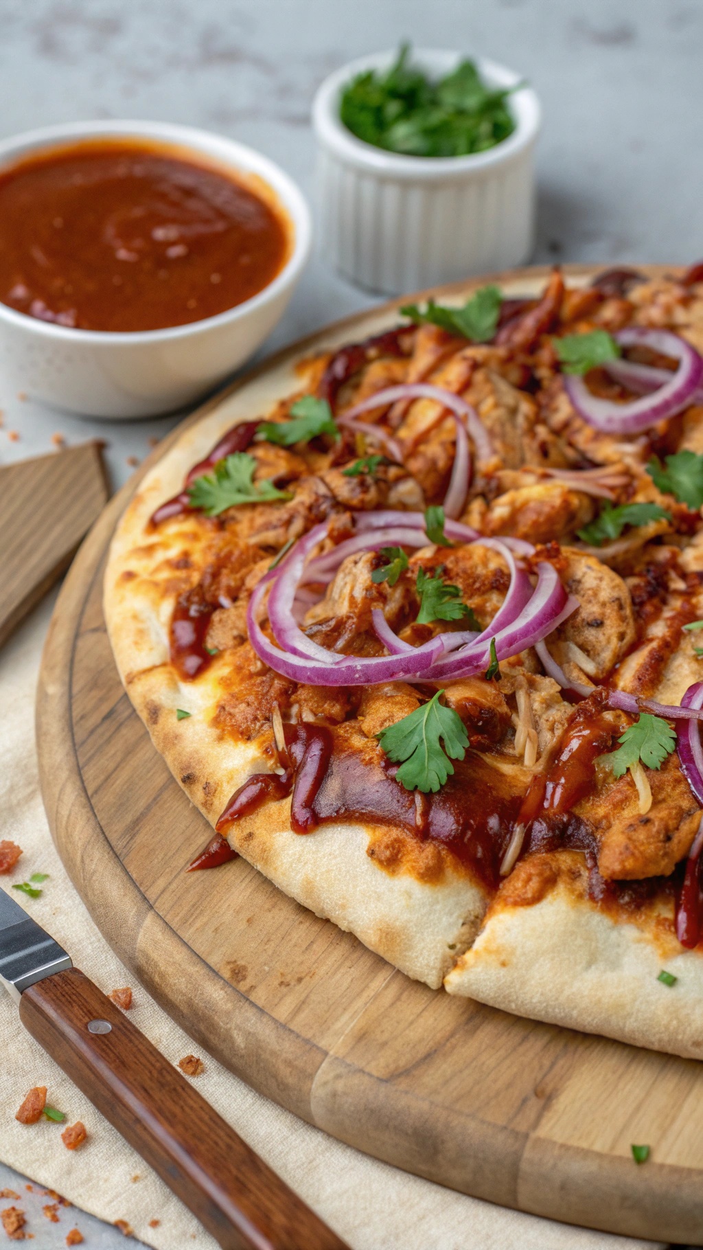 BBQ chicken high-protein pizza with red onions and cilantro on a wooden board