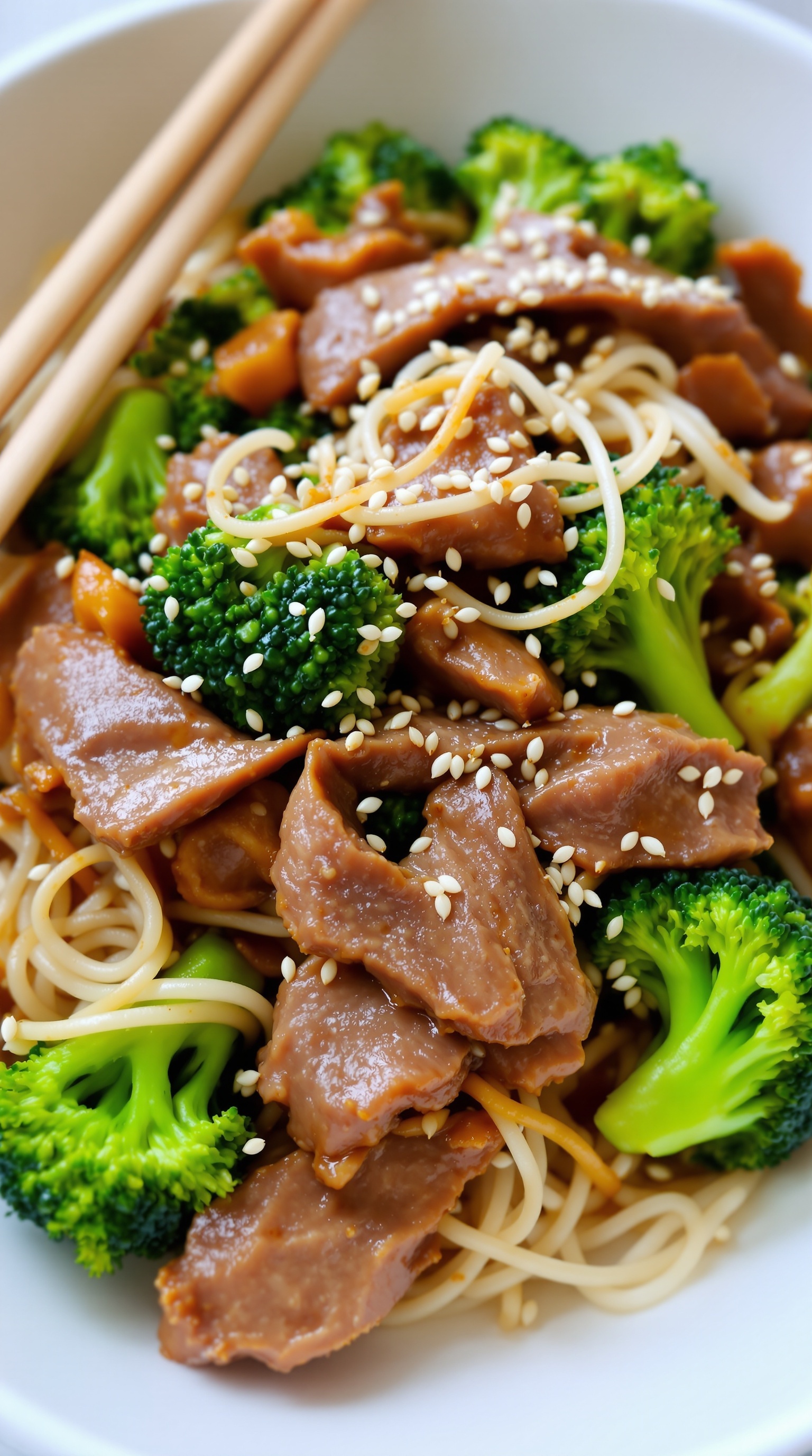 A delicious beef stir-fry with broccoli, noodles, and sesame seeds in a bowl.