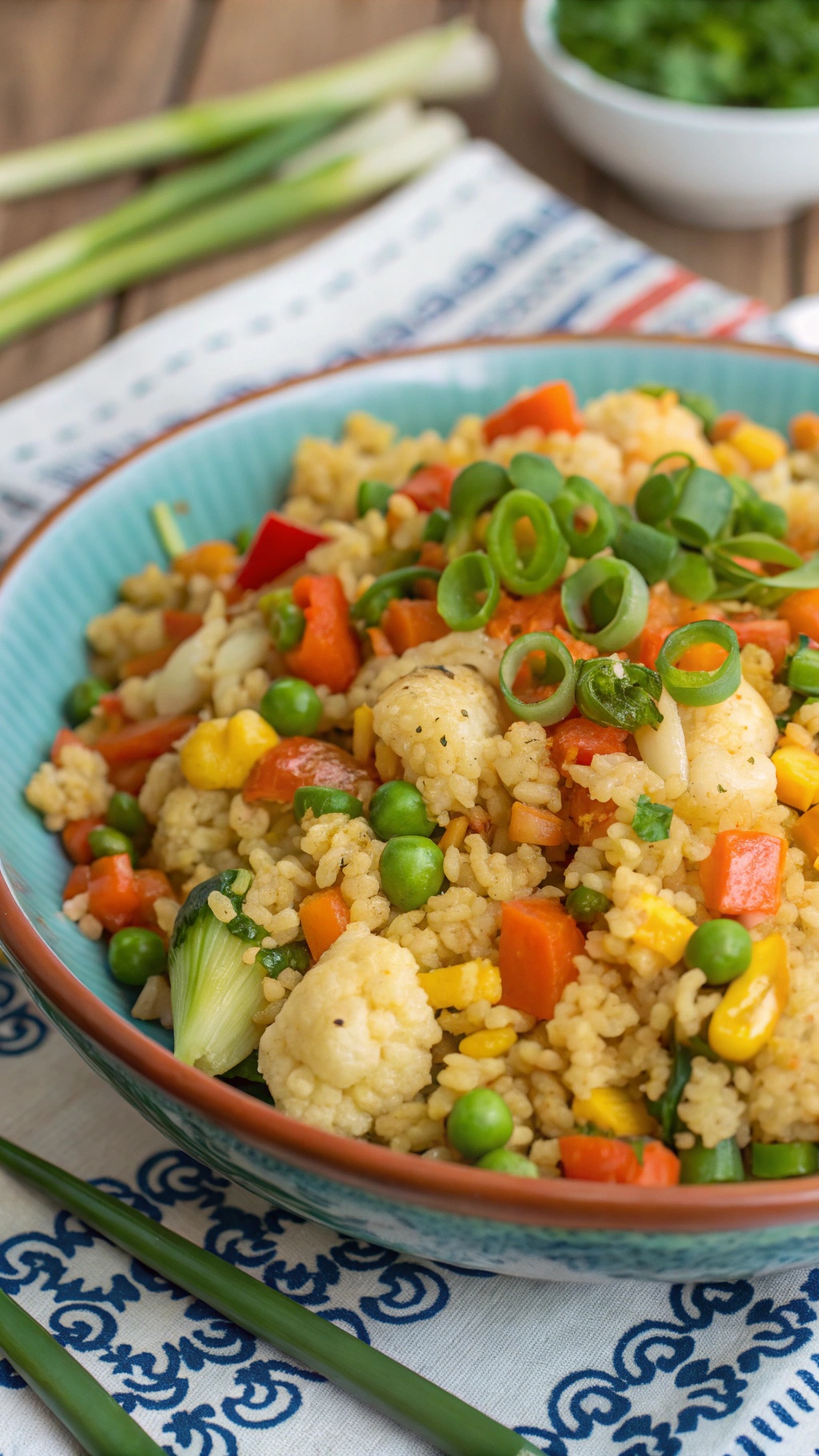 A colorful bowl of cauliflower fried rice with mixed vegetables and green onions on top.