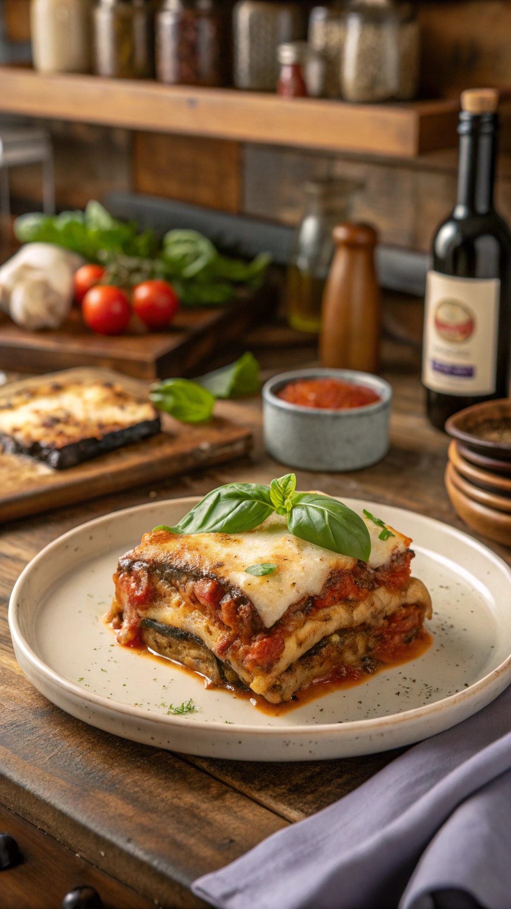 A delicious serving of eggplant lasagna topped with fresh basil, showcasing layers of eggplant, marinara sauce, and melted cheese.