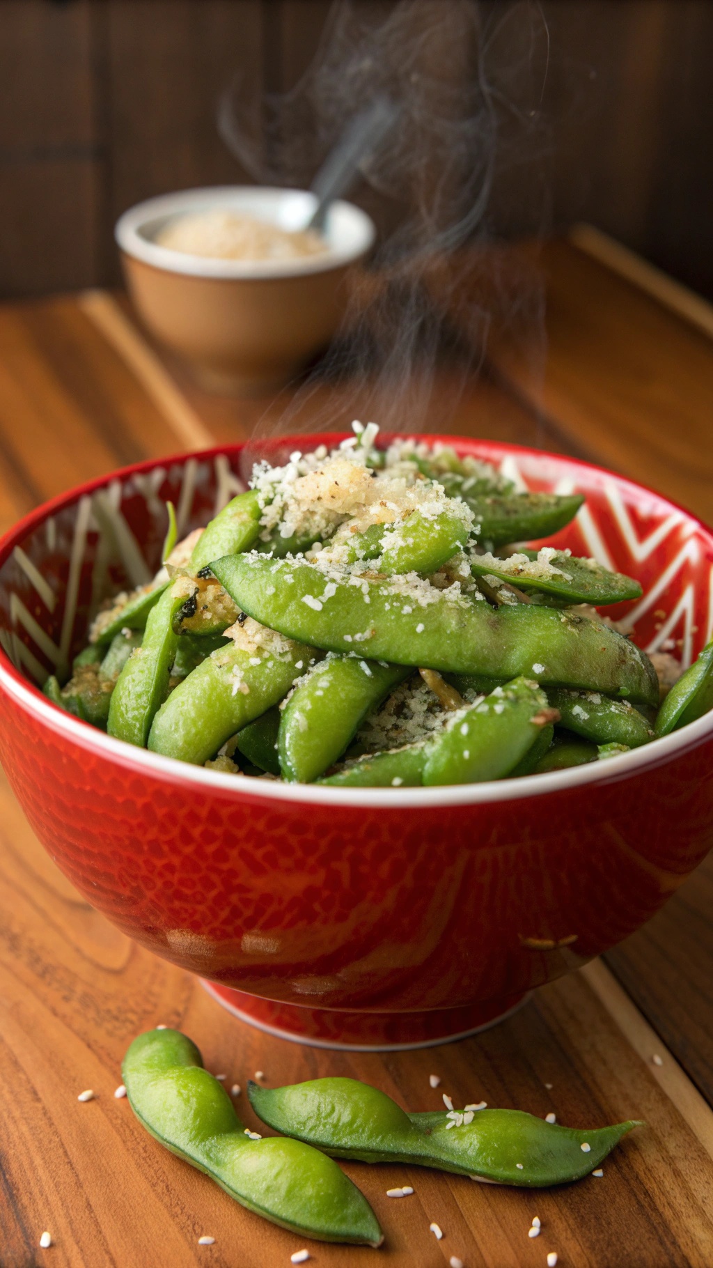 A bowl of Garlic Parmesan Edamame with a sprinkle of cheese and garlic, served in a red bowl.