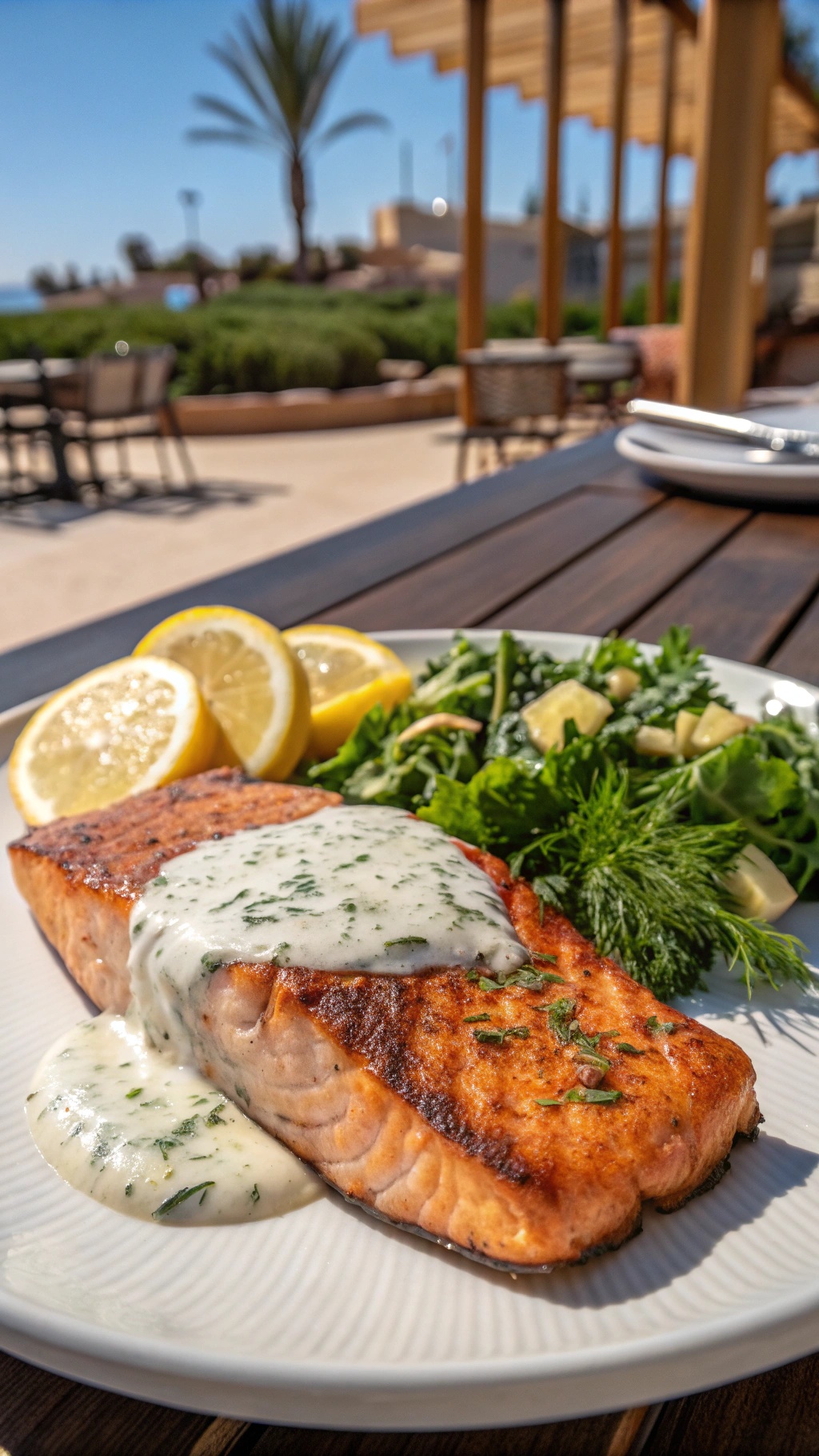 Grilled salmon fillet with dill sauce, lemon wedges, and mixed greens on a plate.