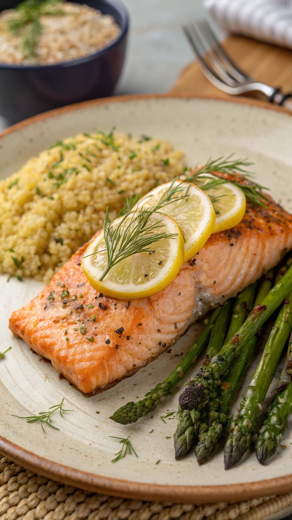 Grilled salmon fillet with lemon slices, asparagus, and couscous on a plate