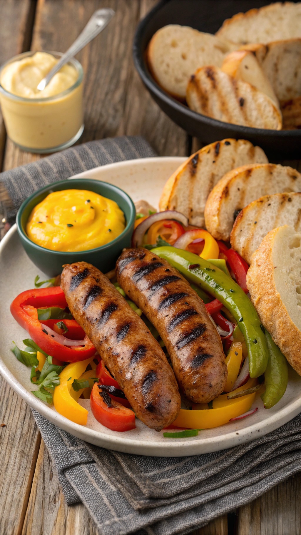 Grilled sausages with colorful peppers and grilled bread on a plate.