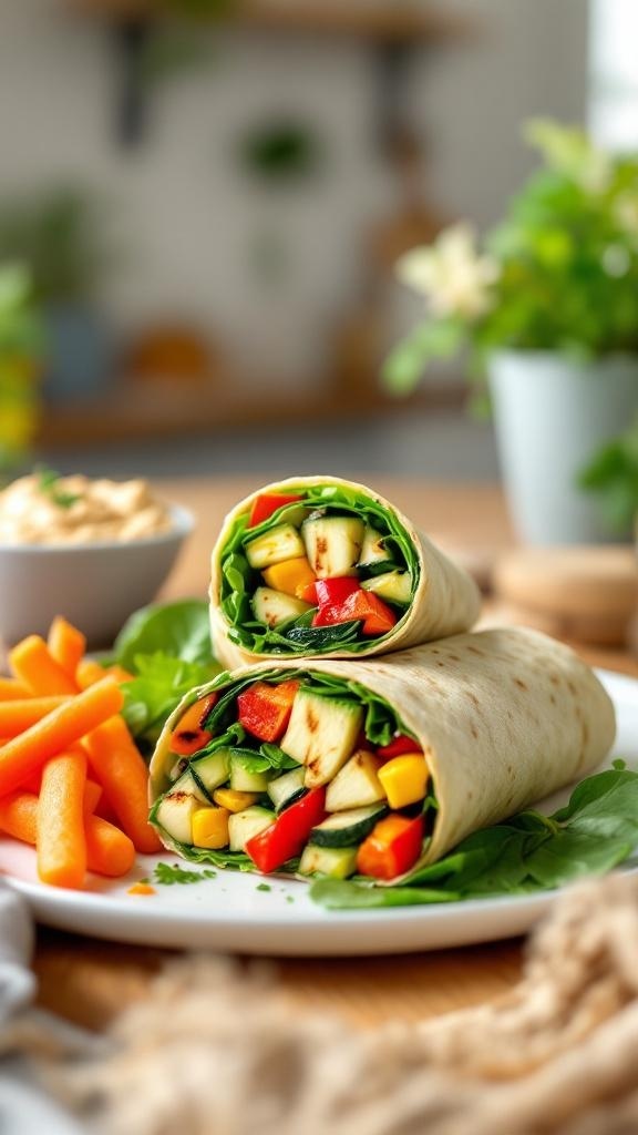A grilled vegetable and hummus wrap on a plate with carrot sticks, showcasing a colorful and healthy lunch option.