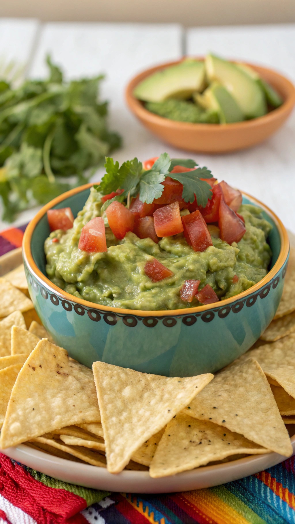 A bowl of guacamole topped with diced tomatoes and cilantro, surrounded by crunchy tortilla chips.