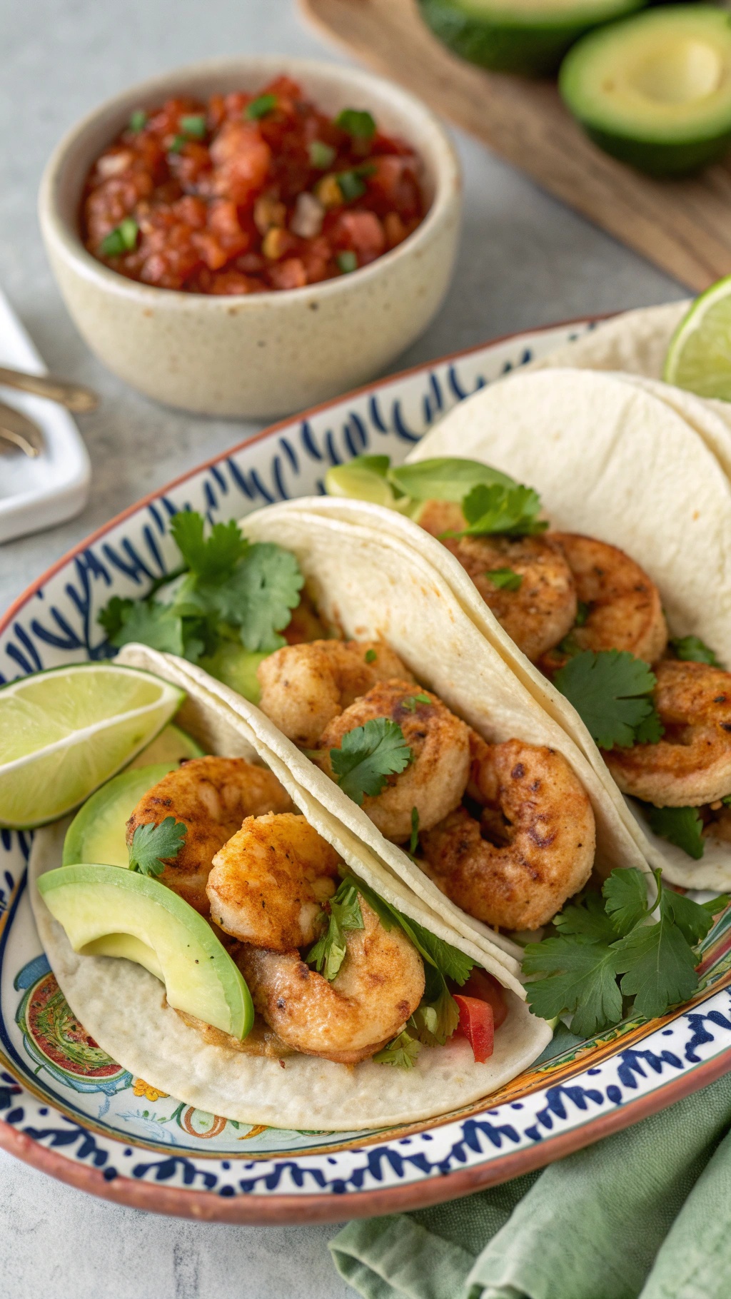 A plate of shrimp tacos with avocado, cilantro, and lime, served with salsa on the side.