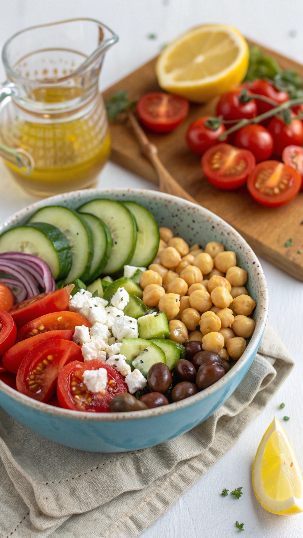 A colorful Mediterranean chickpea bowl with fresh vegetables, chickpeas, olives, and feta cheese, accompanied by a lemon and olive oil dressing.