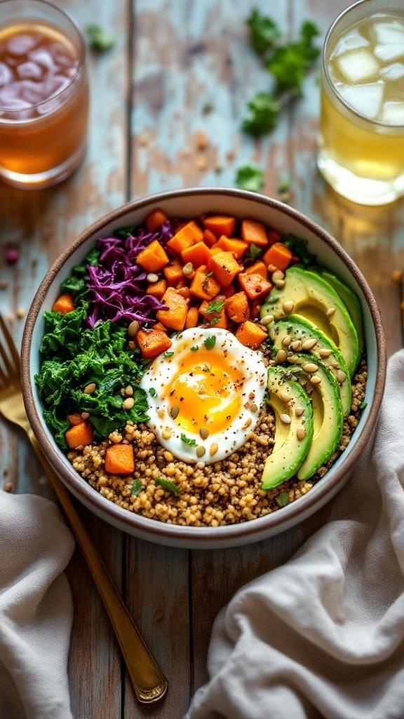 A colorful quinoa breakfast bowl with sweet potatoes, greens, avocado, and a soft-boiled egg.