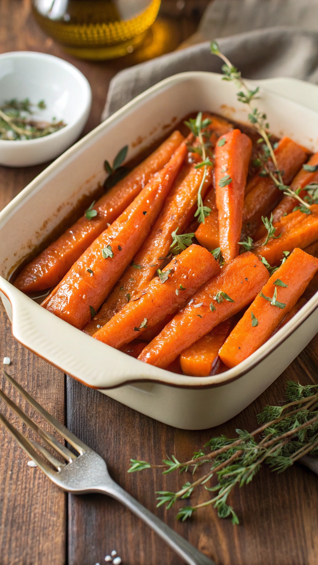 A dish of roasted carrots glazed with honey and garnished with herbs, served on a wooden table.