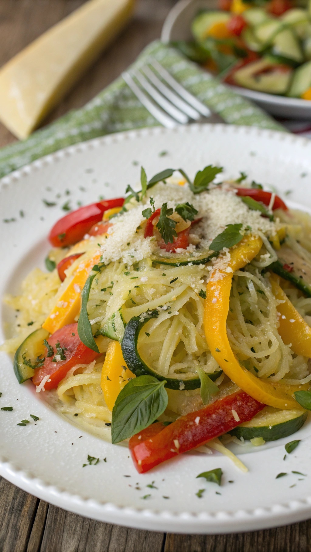 A plate of spaghetti squash primavera topped with colorful bell peppers, zucchini, and herbs.