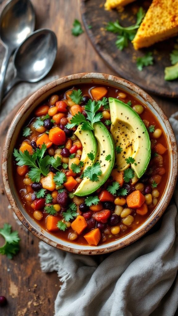 A bowl of sweet potato chili topped with avocado slices and cilantro, served with cornbread.