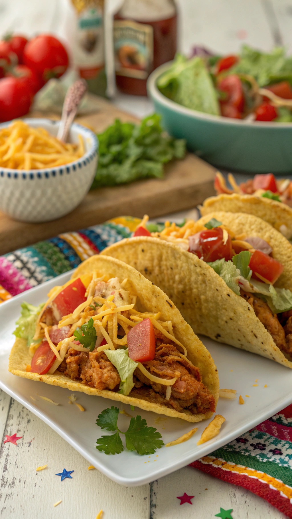 Taco chicken in taco shells topped with cheese, lettuce, and tomatoes on a colorful table.