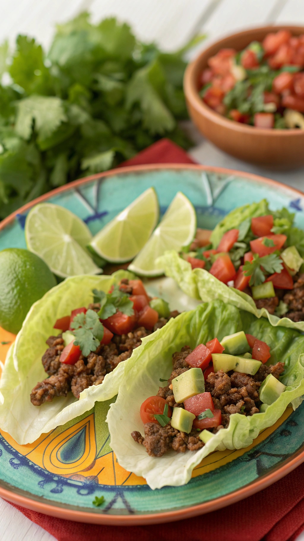 Taco lettuce wraps with ground beef, tomatoes, avocado, and lime on a colorful plate