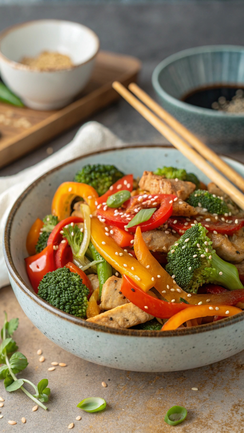 A colorful bowl of turkey and vegetable stir-fry with broccoli, bell peppers, and sesame seeds.
