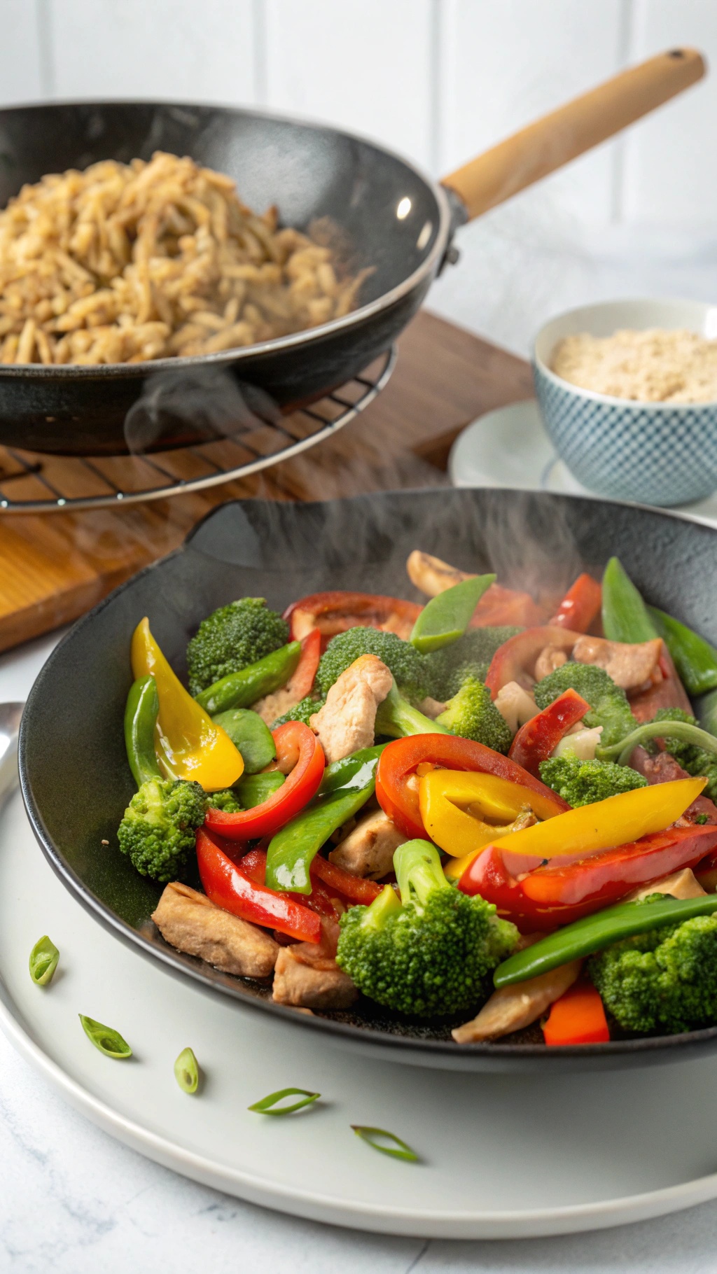 A colorful turkey and vegetable stir-fry in a black skillet, with broccoli, bell peppers, and snap peas.