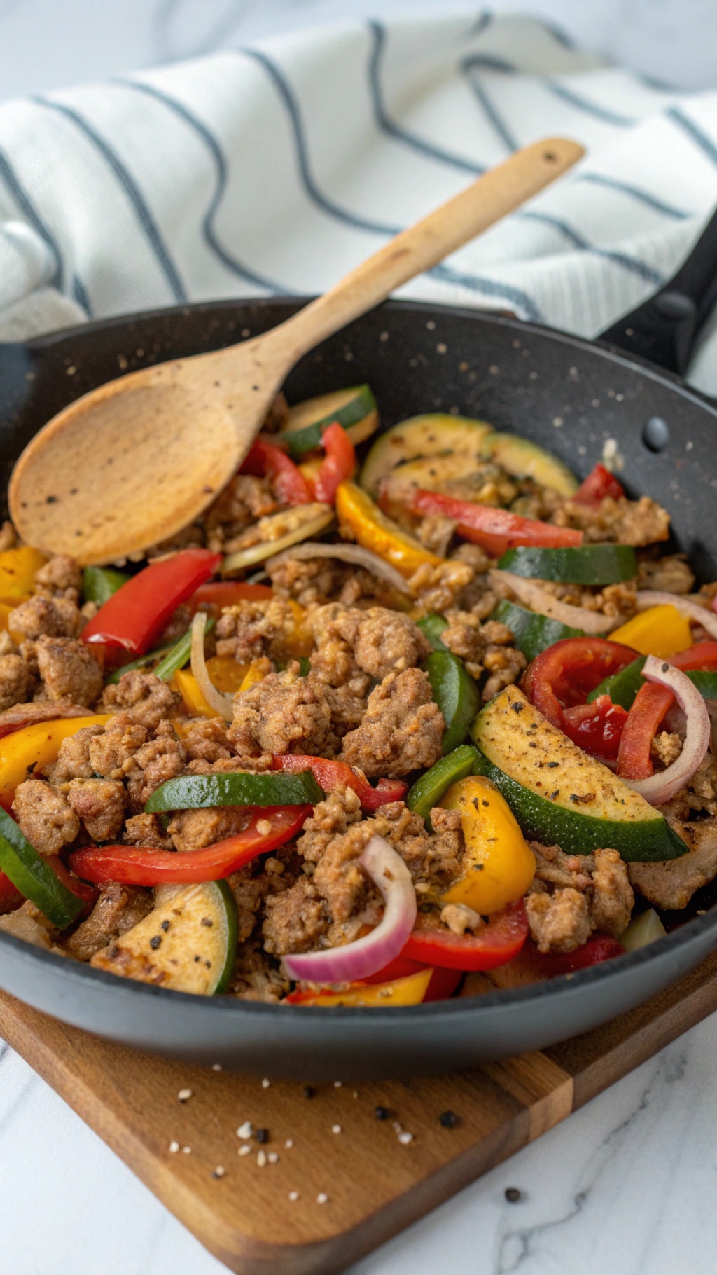A colorful turkey and veggie skillet with zucchini, bell peppers, and ground turkey in a black skillet.
